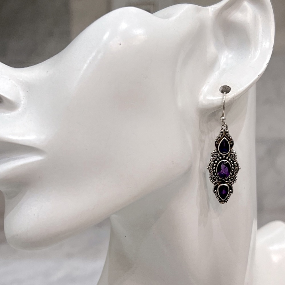 Amethyst Sterling Silver Trilogy Dangle Earrings - Picture 2 of 9